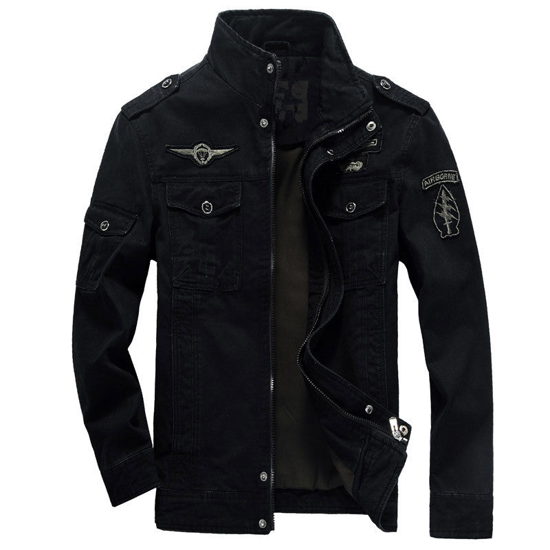 Herren Militärische Canvas Feldjacke mit Stehkragen, Pattentaschen und Abzeichen Drune