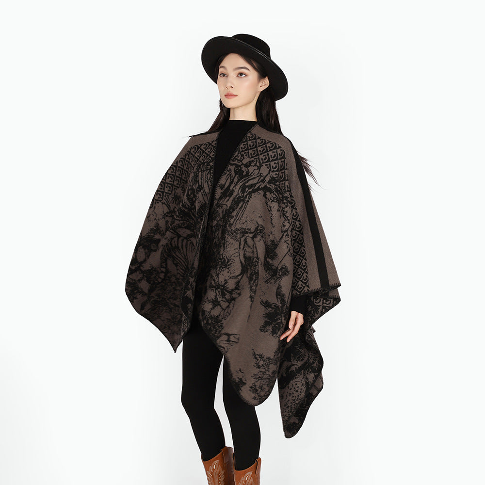 Damen Luxuriöser Jacquard-Motivponcho mit asymmetrischem Zipfelsaum Drune