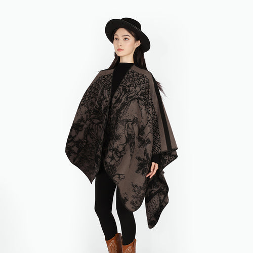 Damen Luxuriöser Jacquard-Motivponcho mit asymmetrischem Zipfelsaum Drune