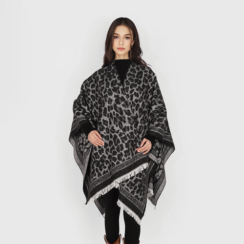 Damen Jacquard-Capeponcho mit Leo-Struktur und Fransensaum Drune