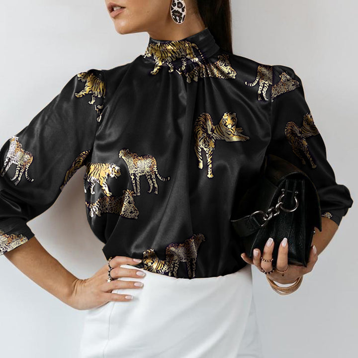 Damen Hochgeschlossenes Satinblusenshirt mit Stehkragen und Animal‑Print Drune