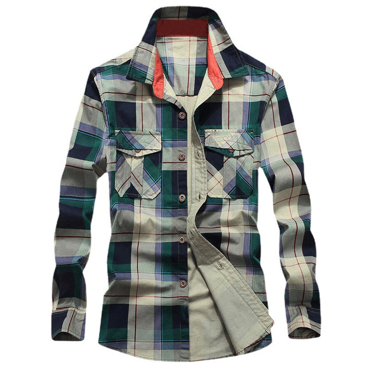 Herren Kariertes Baumwoll-Workshirt mit Brustpattentaschen und kontrastiertem Innenkragen Drune