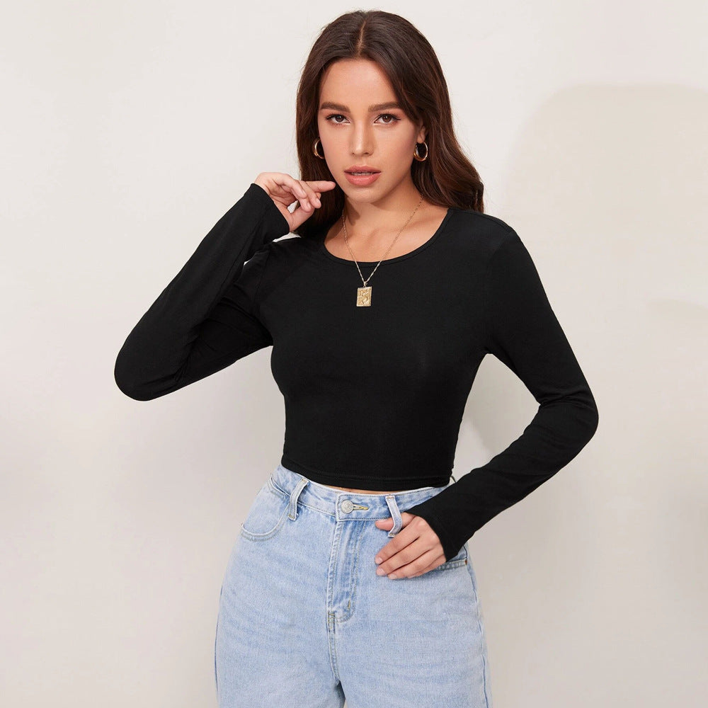 Damen figurbetontes Cropped-Longsleeve mit Sculpting-Passform und Rundhalsausschnitt Drune
