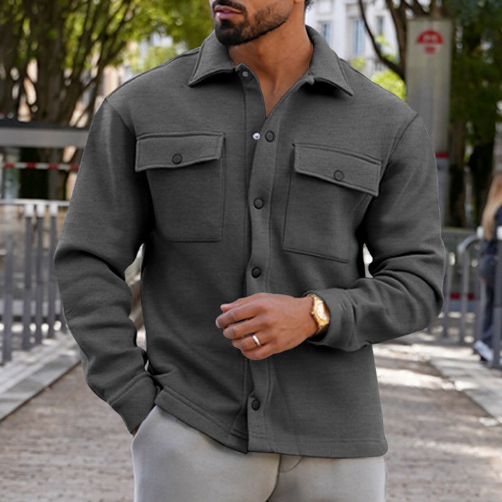 Herren nan schwere Baumwoll-Übergangsjacke im Shacket-Stil mit Druckknöpfen und Pattentaschen Drune