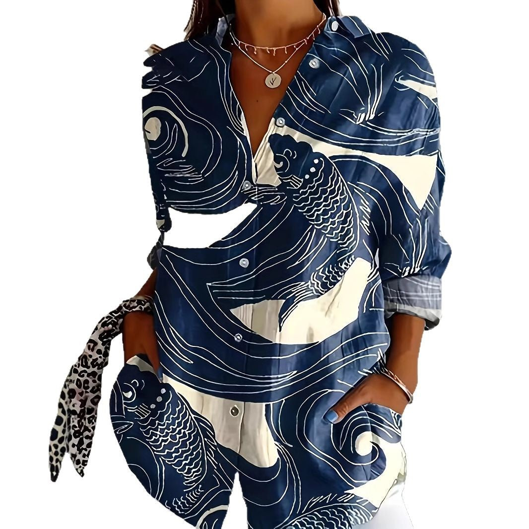 Damen Künstlich Gemustertes Button-Up Hemd Drune