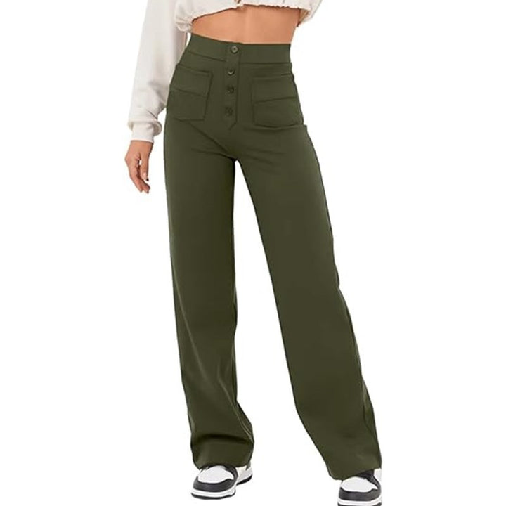 Damen elegante High-Waist Lounge-Hose mit großen Taschen und Knopfverschluss Drune