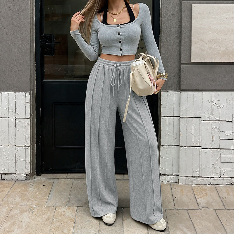 Damen Weite Palazzo-Hose mit Taillenkordel Drune