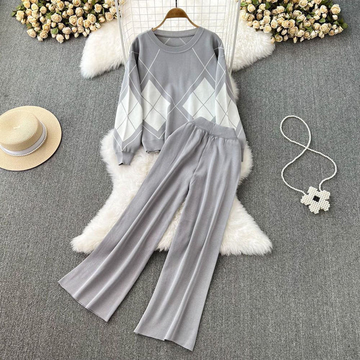 Damen elegantes Strick-Loungewear-Set mit Rautenmuster und weitem Bein Drune