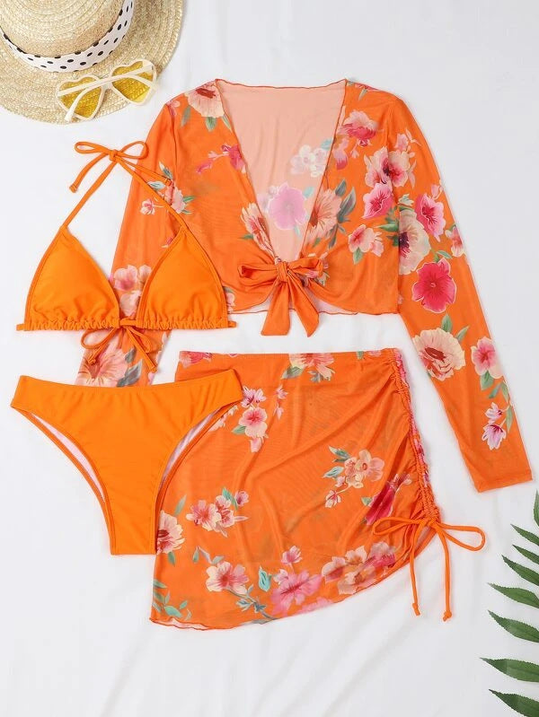 Damen Elegantes Badeoberteil mit floralem Design und Krawattenverschluss Drune