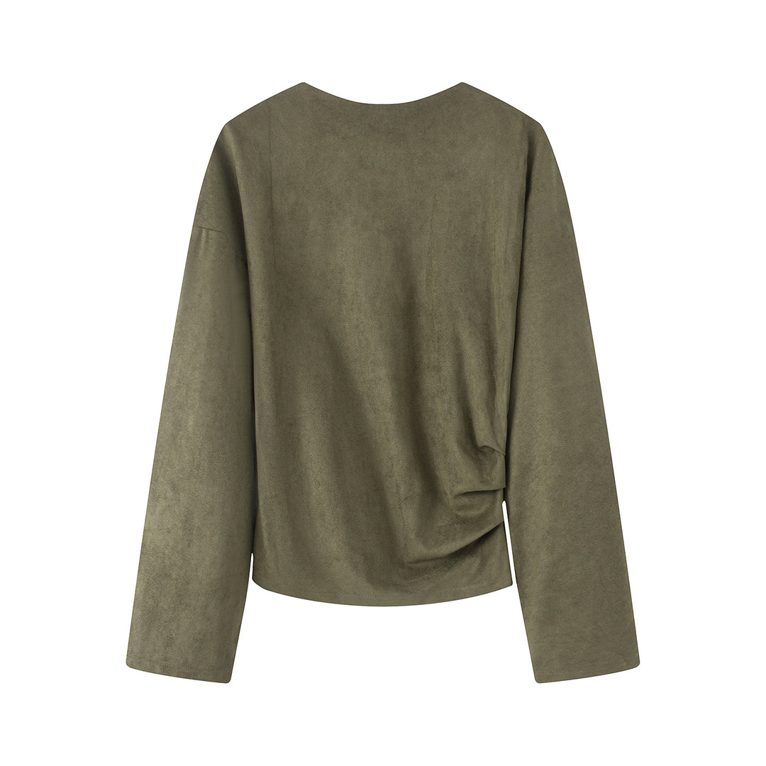 Damen nan Oversize-Langarmshirt mit seitlicher Drapierung und samtiger Wildlederoptik Drune