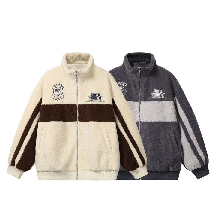 Unisex Sherpa‑Fleecejacke im Boxy‑Cut mit Stehkragen, Blockstreifen und Stickdetails Drune