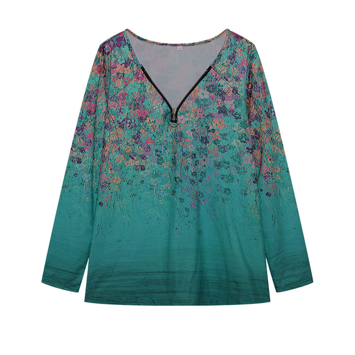 Damen Langarmshirt mit farbenfrohem Blütenmuster und modernem Zipper Drune