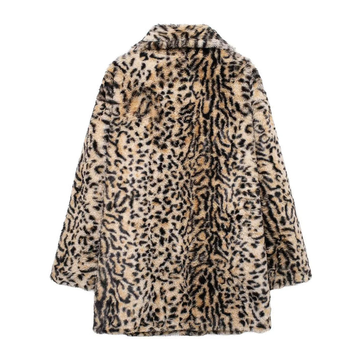 Damen nan oversized Kunstfellmantel mit Leopardenmuster, voluminösem Schalkragen und praktischen Eingrifftaschen Drune