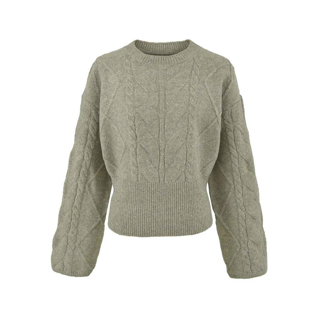 Damen Kurzer Zopfmuster-Strickpullover mit tailliertem Rippbündchen Drune