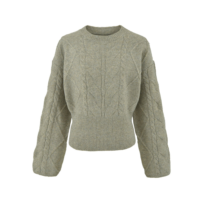 Damen Kurzer Zopfmuster-Strickpullover mit tailliertem Rippbündchen Drune