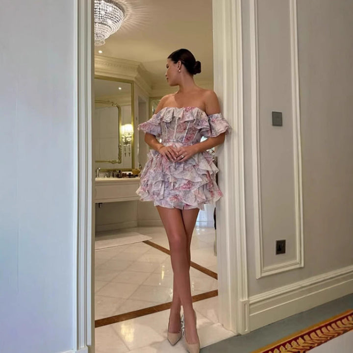 Damen Rüschendes Cocktailkleid mit schulterfreiem Design und tailliertem Schnitt Drune