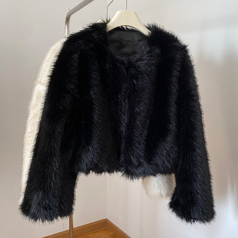 Damen Cropped Kunstpelz‑Bomber mit rundem Ausschnitt, weich fallendem Hochflor und kastiger Silhouette Drune