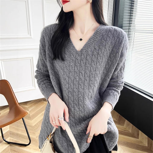 Damen Grobstrickpullover mit tiefem V-Ausschnitt und strukturierter Textur Drune