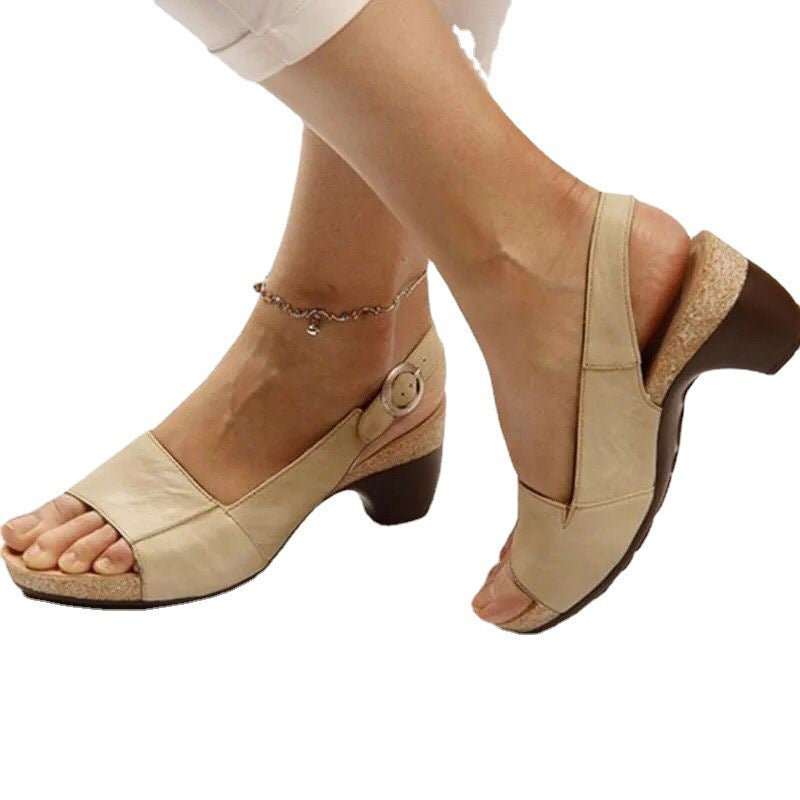 Damen nan Sandalette mit elastischem Fersenriemen ergonomischem Kork-Komfortfußbett und niedrigem geschwungenem Absatz Drune