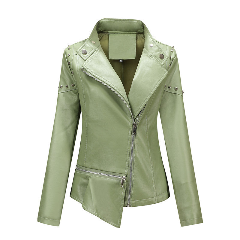 Damen Asymmetrische Bikerjacke aus Kunstleder mit Nietenbesatz und tailliertem Schnitt Drune