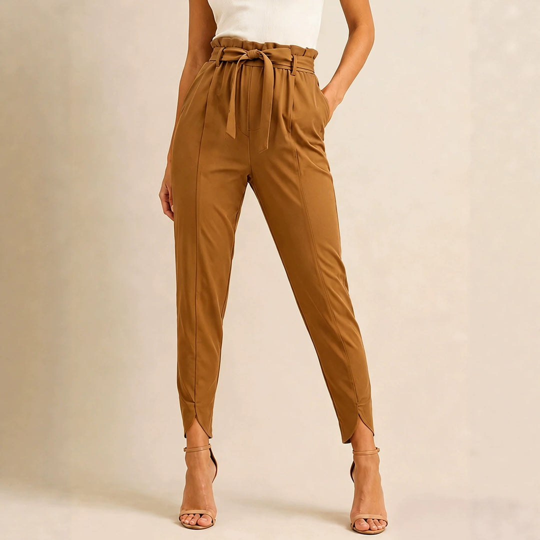 Damen nan hoch taillierte Paperbag-Hose mit Bindegürtel und geschlitztem Knöchelabschluss Drune