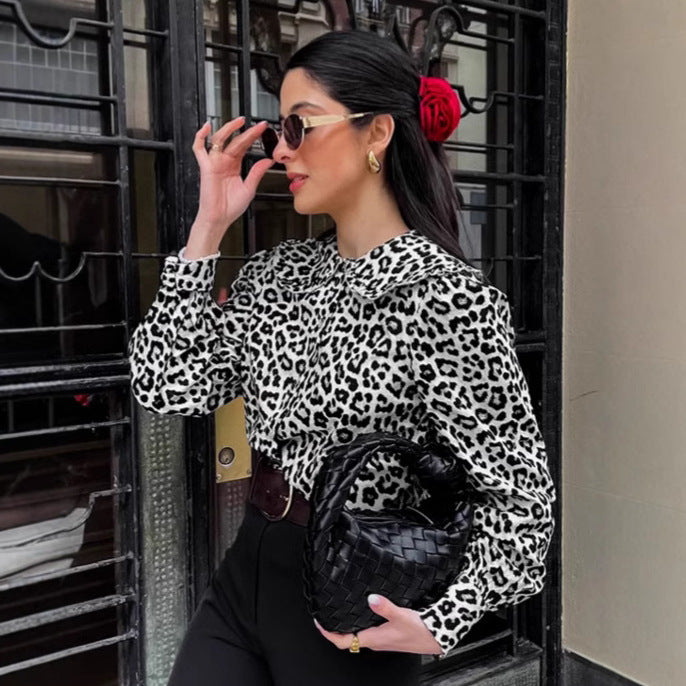 Damen Modische Bluse mit Leopardenmuster und voluminösen Ärmeln Drune