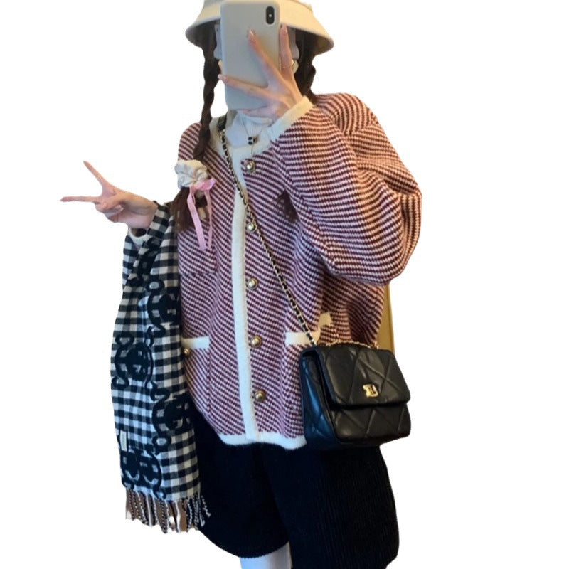 Damen elegante Strickjacke im klassischen Hahnentritt-Design mit goldenen Knöpfen Drune