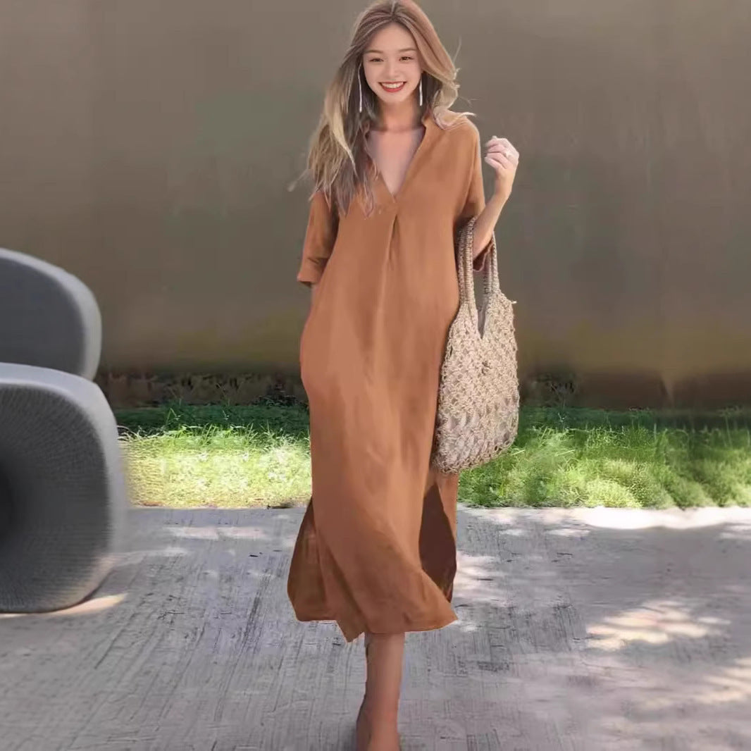 Damen lässiges Maxikleid mit V-Ausschnitt und Halbärmeln Drune