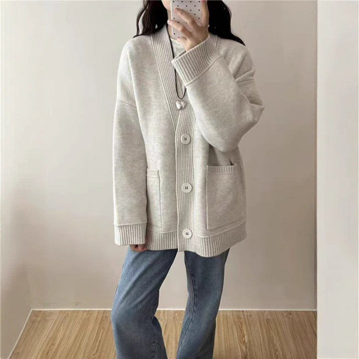 Damen lässiger Strickcardigan mit tiefen Taschen und modernen Knopfdetails Drune