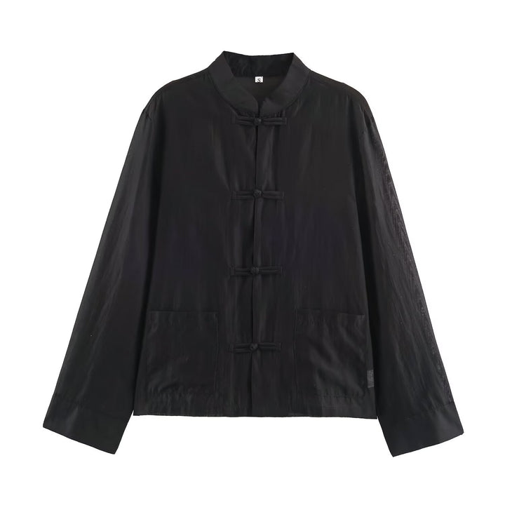 Damen Leichte chinesisch-inspirierte Oversize-Jacke mit Mandarinkragen und Knotenverschlüssen Drune