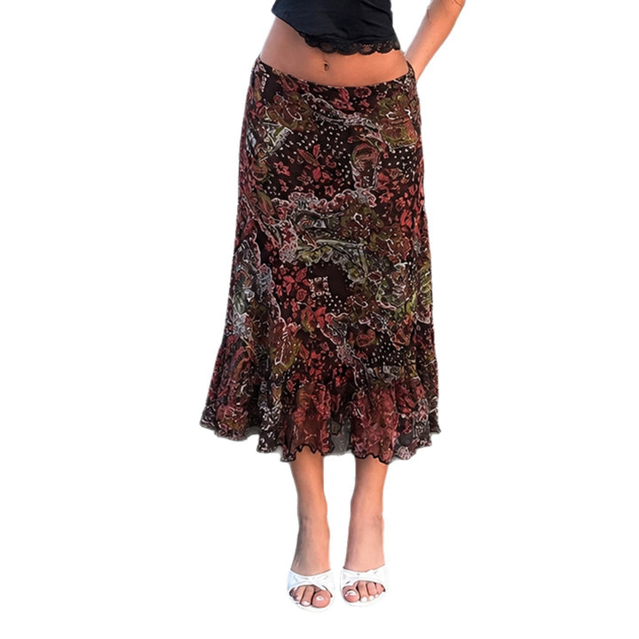 Damen Chiffon-Midirock mit mehrlagigem Volant, Paisley-Print und Zipfelsaum Drune