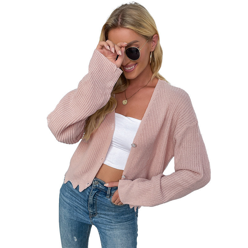 Damen Kurzgeschnittener Feinstrick-Cardigan mit V‑Ausschnitt und Wellensaum Drune