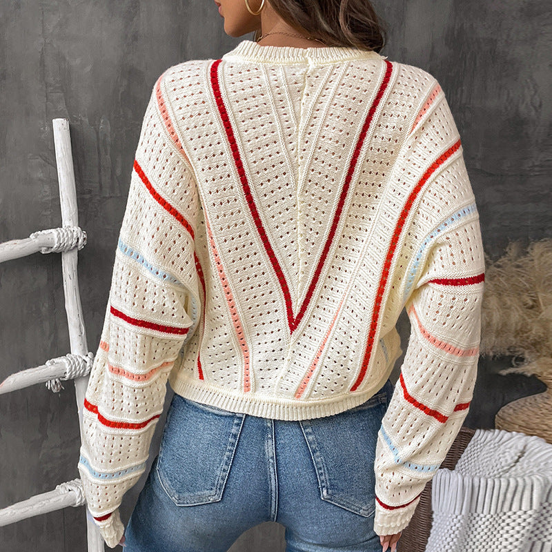 Damen Oversize-Ajourstrickpullover mit V-Streifen-Design Drune