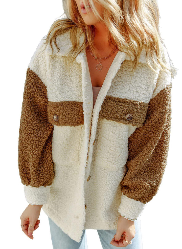 Damen nan oversized Teddy-Hemdjacke mit Kontraststreifen, aufgesetzten Brusttaschen und sichtbarer Knopfleiste Drune