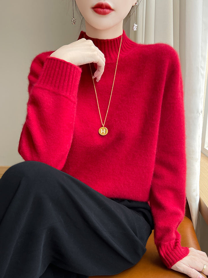 Damen Luxusweicher Midweight-Mockneckpullover aus Angora‑Optik mit feiner Rippe und entspannter Silhouette Drune
