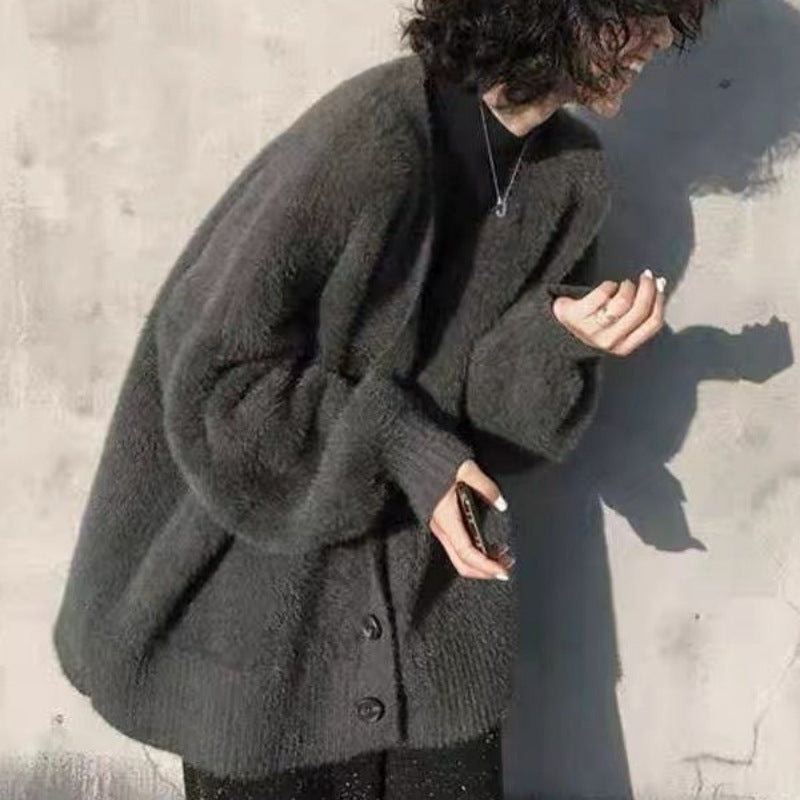 Damen Flauschige Strickjacke mit großen Knöpfen und weit geschnittenem Design Drune