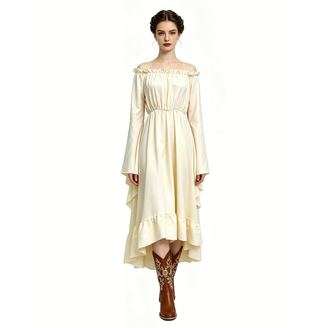 Damen nan schulterfreies Boho Maxikleid mit Volants, asymmetrischem Saum und Glockenärmeln Drune