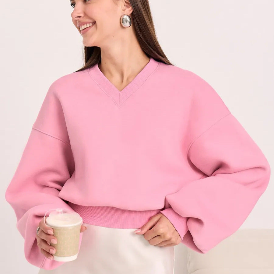 Damen Cropped V-Ausschnitt Pullover mit Ballonärmeln und Rippbund Drune
