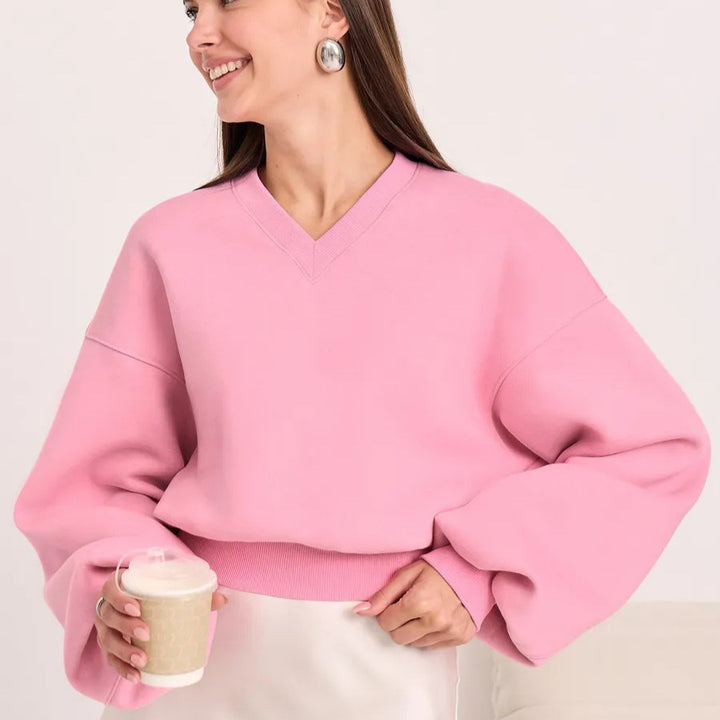 Damen Cropped V-Ausschnitt Pullover mit Ballonärmeln und Rippbund Drune