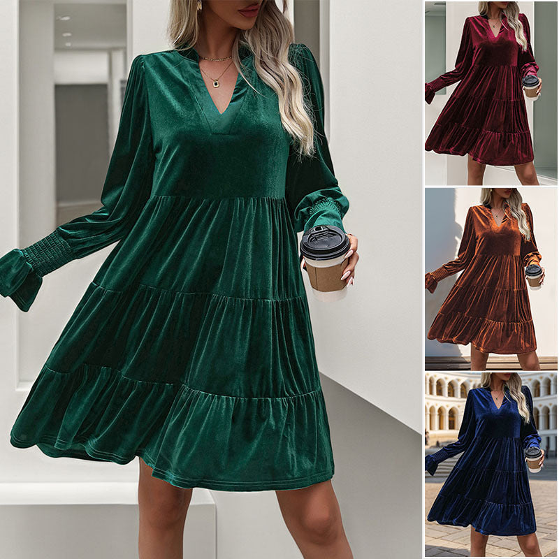 Damen Samt-Stufenkleid mit V-Ausschnitt, geraffter Passe und ballonärmeln Drune