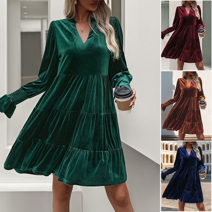 Damen Samt-Stufenkleid mit V-Ausschnitt, geraffter Passe und ballonärmeln Drune