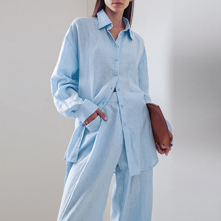 Damen lässige Leinen-Hosenanzug mit übergroßer Hemdbluse und geradem Bein Drune