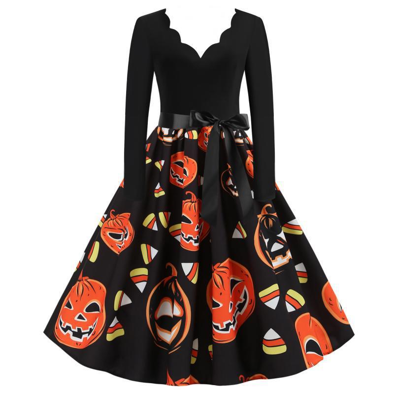 Damen Vintage A-Linien-Kleid mit gewelltem Ausschnitt, Taillenschärpe und Kürbis-Print Drune