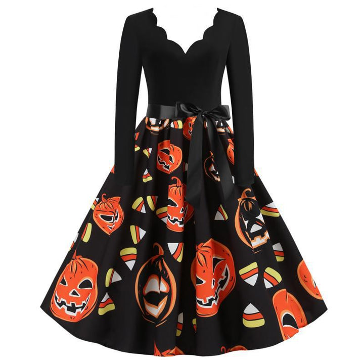 Damen Vintage A-Linien-Kleid mit gewelltem Ausschnitt, Taillenschärpe und Kürbis-Print Drune