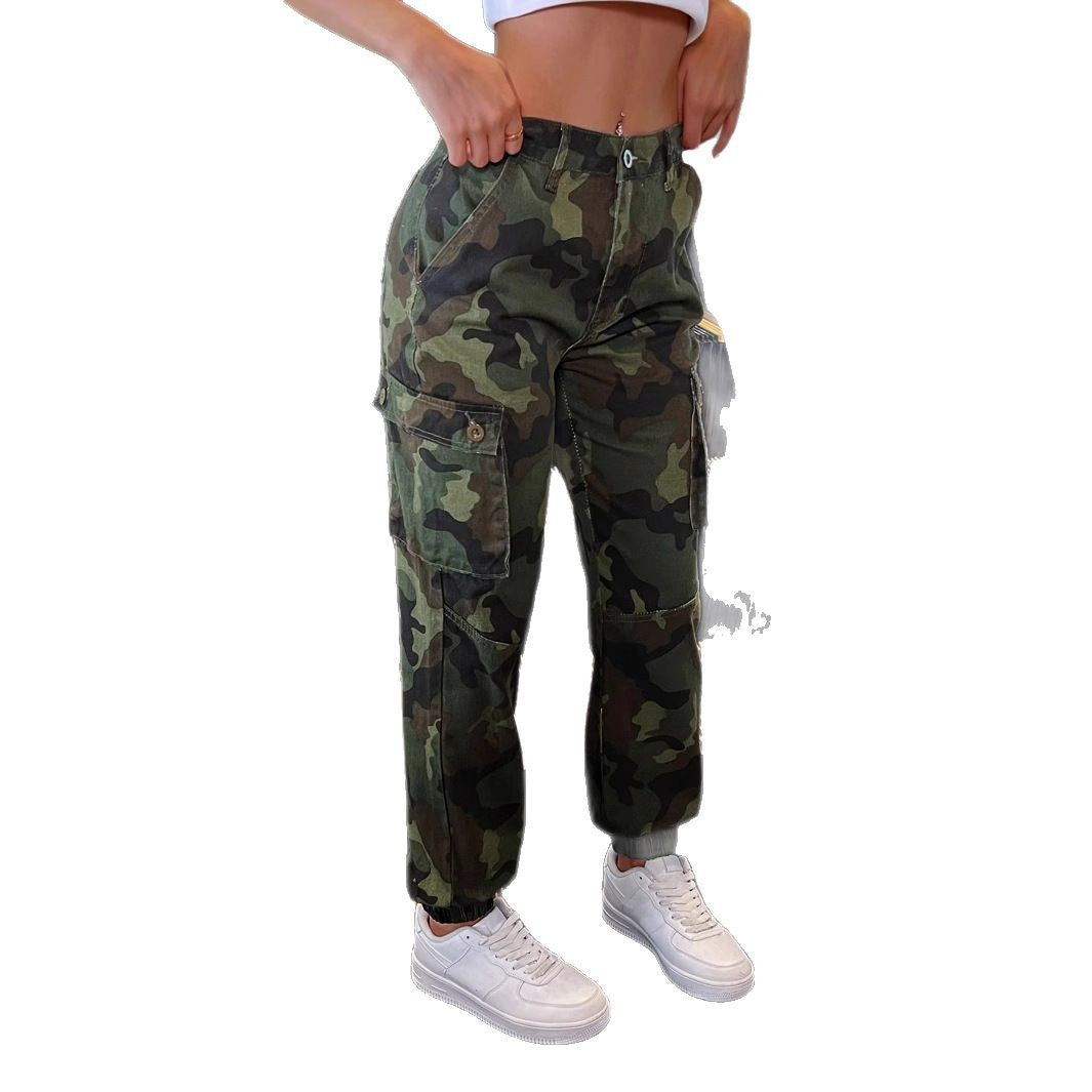 Damen Cargo-Hose mit Camouflage‑Muster, hoher Taille und elastischen Bündchen Drune