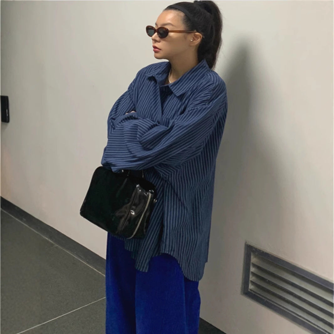 Damen Oversize-Hemd mit feiner Nadelstreifen-Optik, gerundetem Saum und überschnittener Schulter Drune