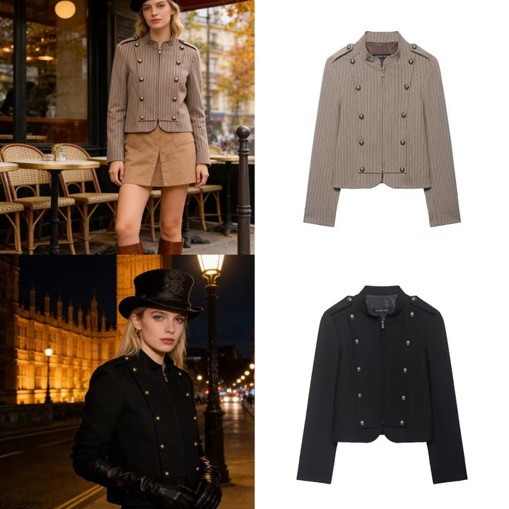 Damen Kurzblazer im Military‑Stil mit Stehkragen und Zierknöpfen Drune