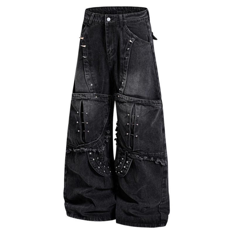 Damen Weite High‑Waist Denim‑Cargo‑Culotte mit Nieten und großen Pattentaschen Drune