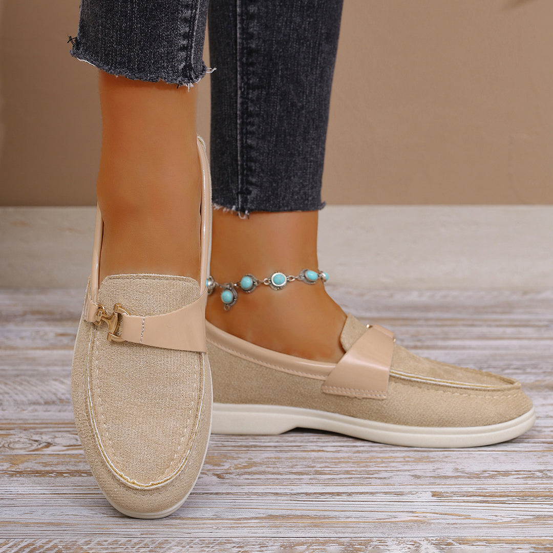 Damen elegante Veloursleder-Slipper mit dekorativer Metall-Hardware und flexibler Leichtlaufsohle Drune