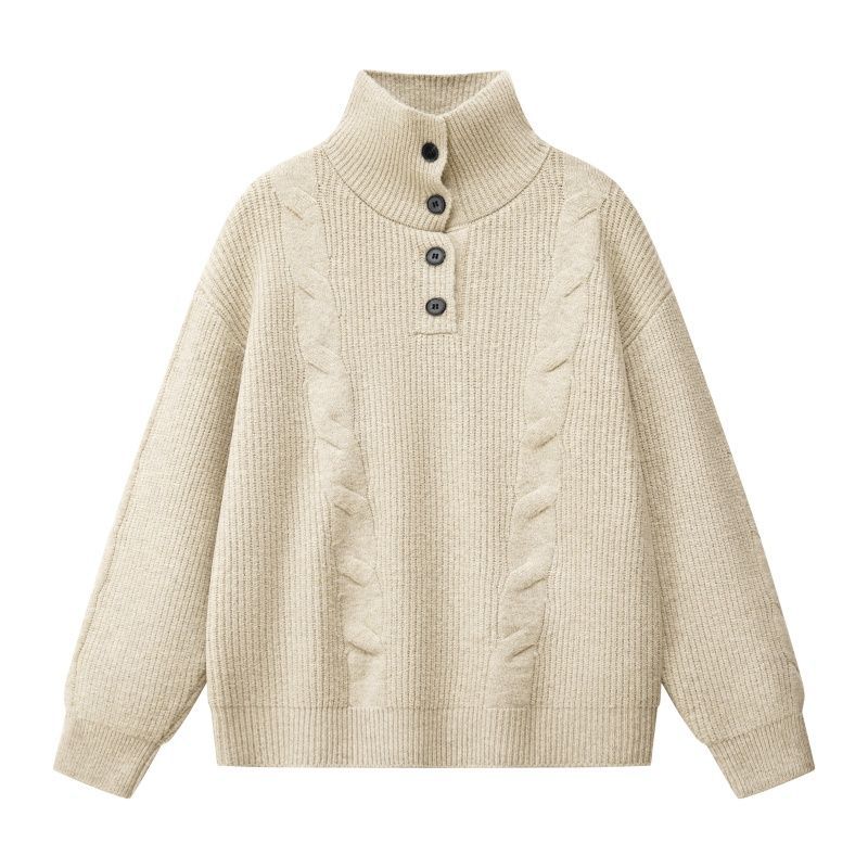 Damen Oversize Zopfstrickpullover mit hohem Rollkragen und Knopfleiste Drune